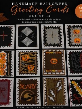 Handmade Halloween Greeting Cards Set of 12 - Black, Orange, Gold